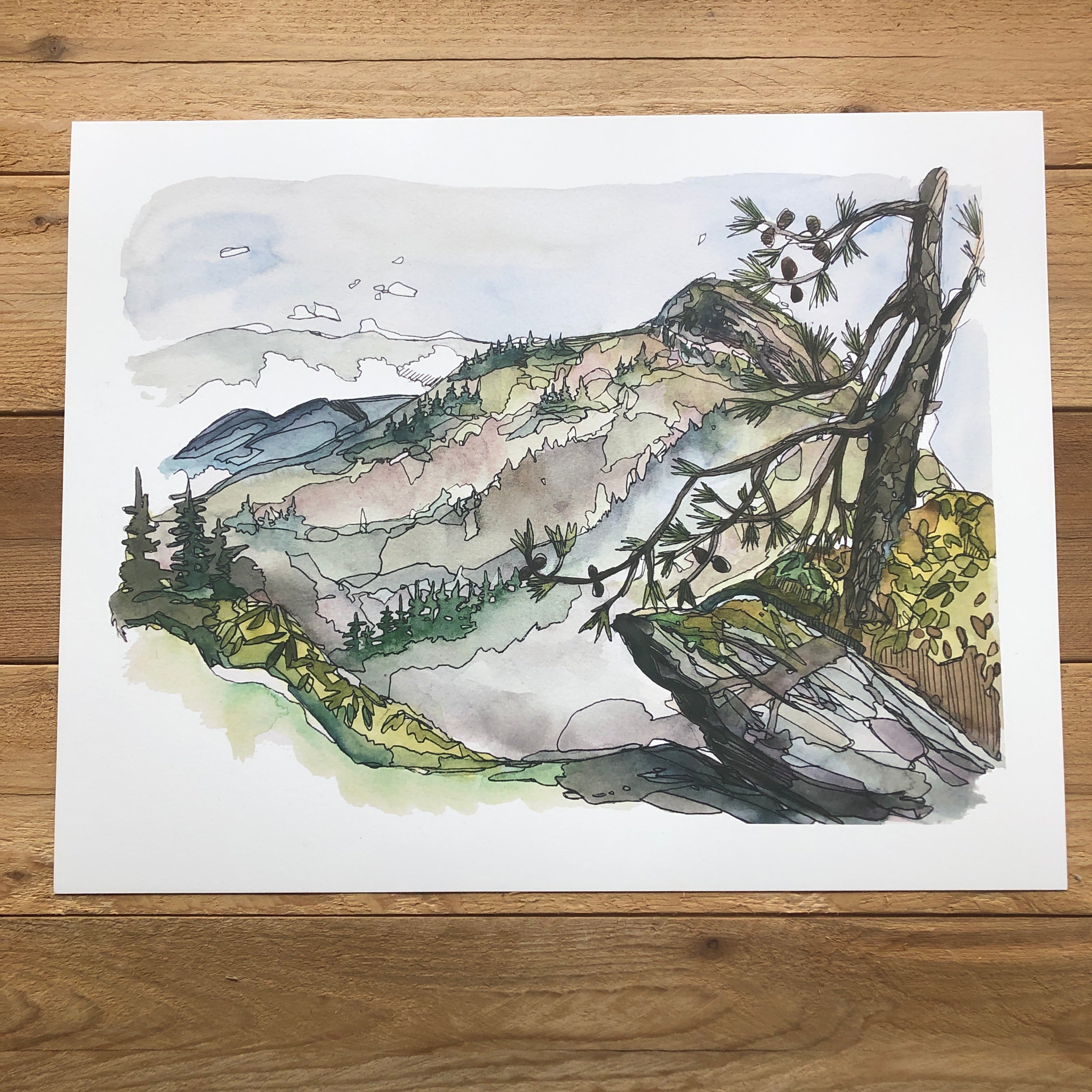 View from Mount Mitchell, Blue Ridge Mountains Art Print, wide panoramic print, of original watercolor painting outlet of North Carolina mountains