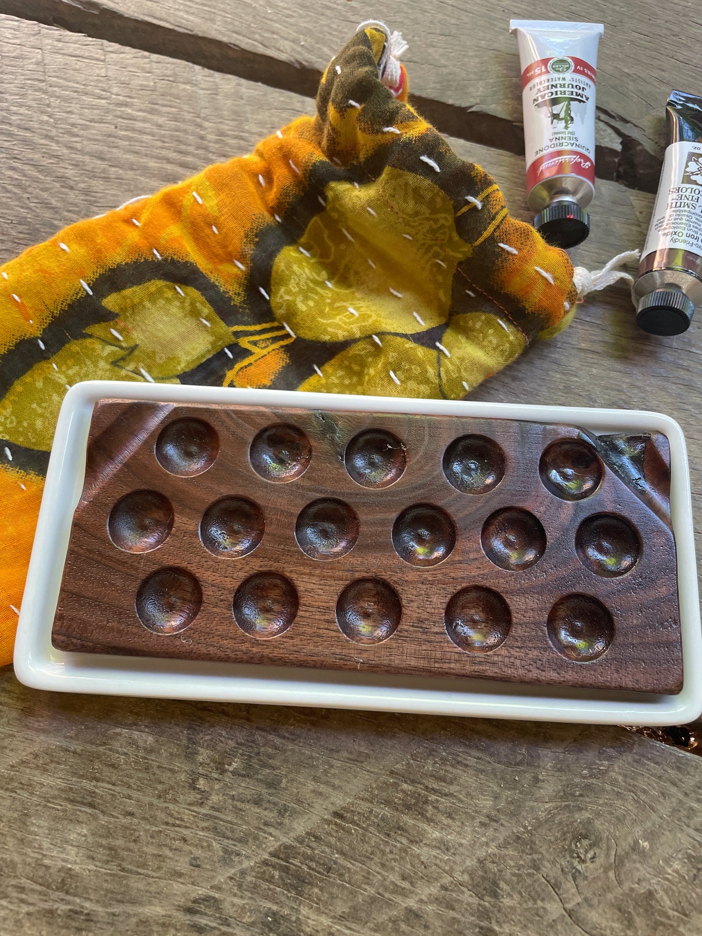 16 Well Watercolor Palette, walnut and ceramic palette