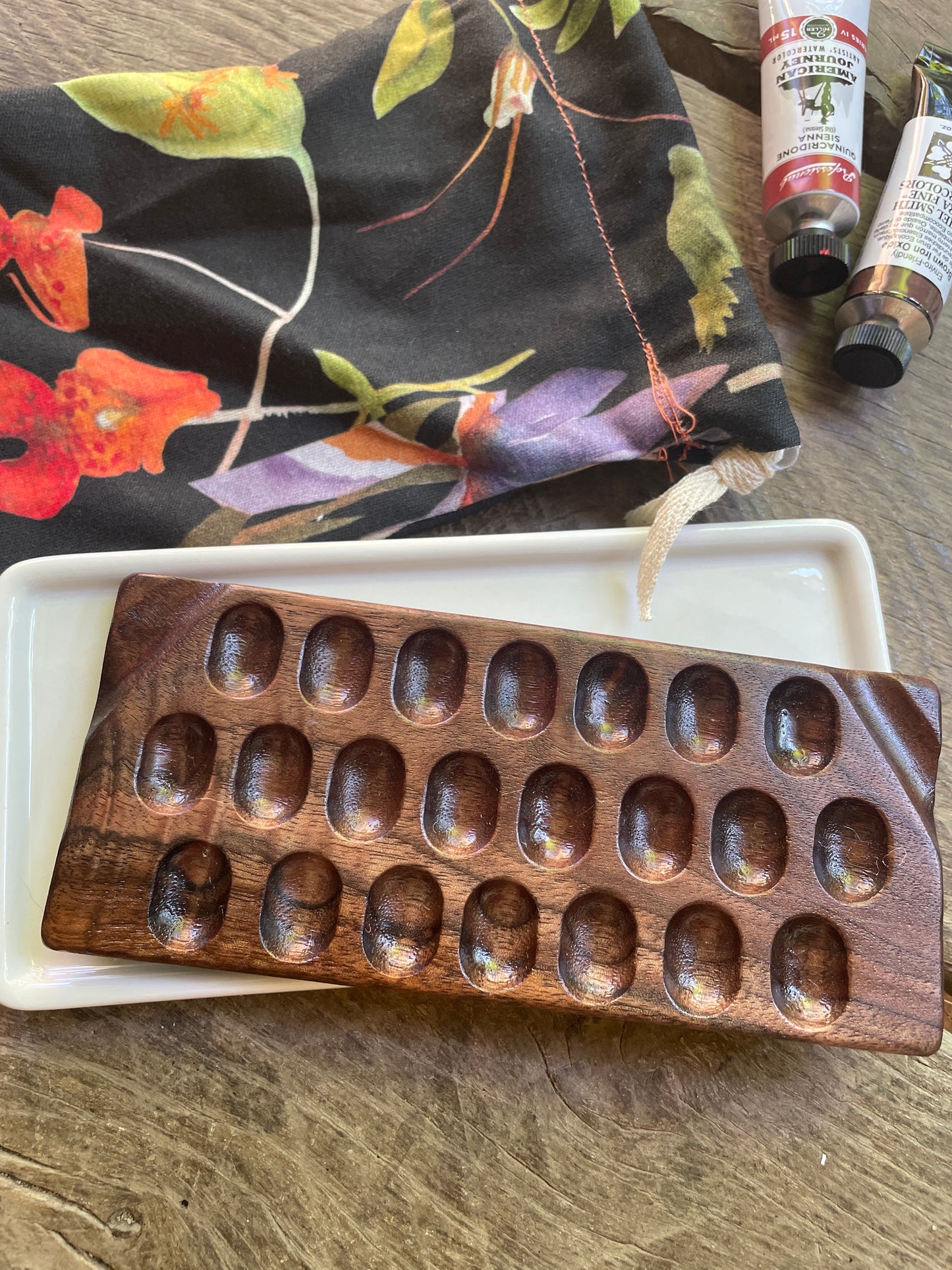 22 Well Watercolor Palette, walnut and ceramic palette