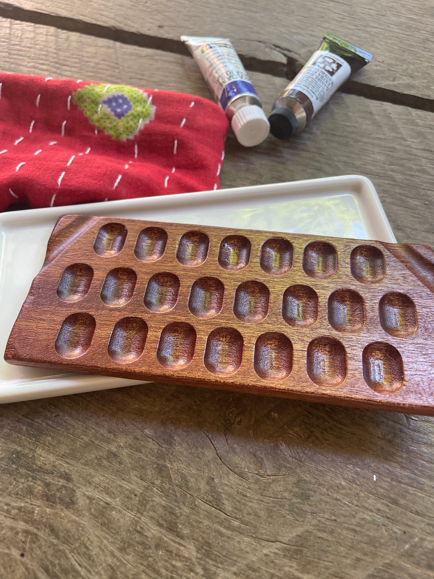 22 Well Watercolor Palette, sapele and ceramic palette