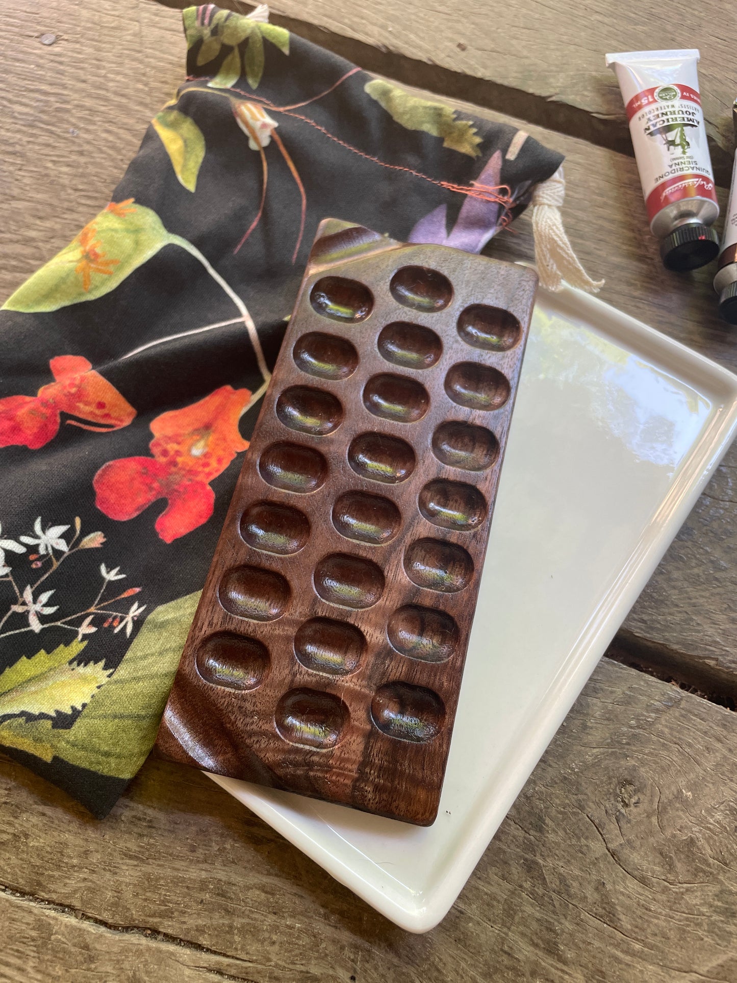 22 Well Watercolor Palette, walnut and ceramic palette