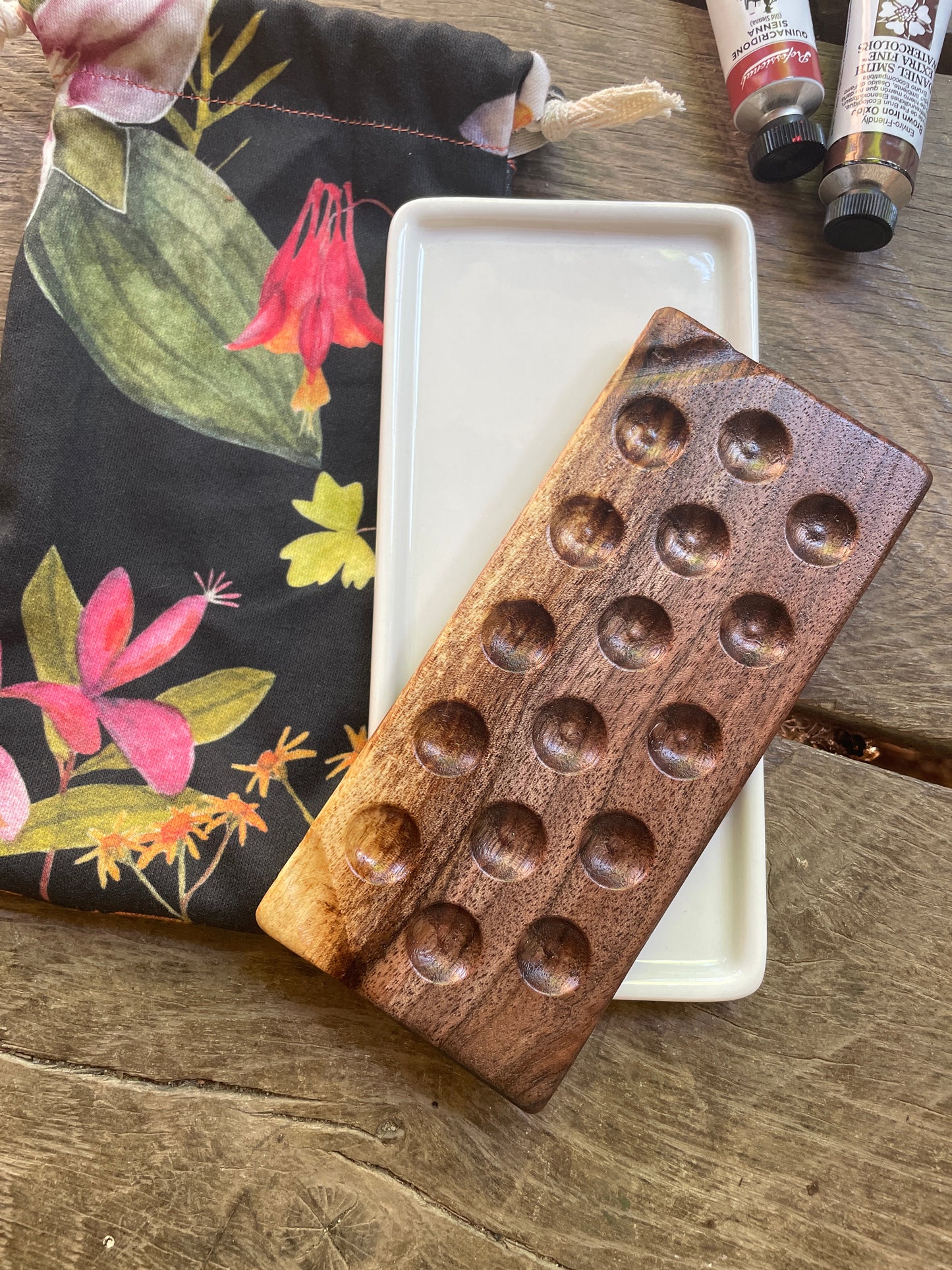 16 Well Watercolor Palette, walnut and ceramic palette