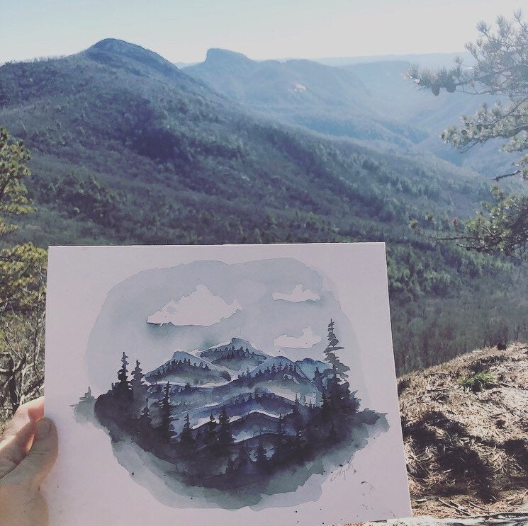 Linville Gorge Table Rock Blue Ridge Mountains watercolor fine art print by kat ryalls North Carolina Mountains