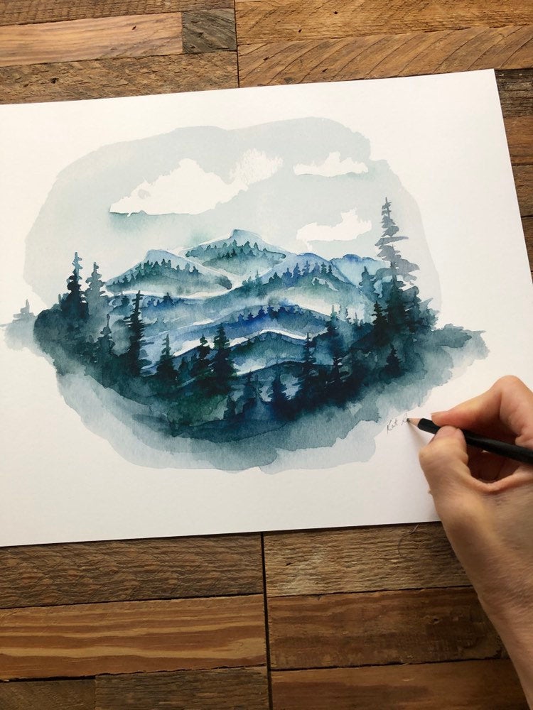 Linville Gorge Table Rock Blue Ridge Mountains watercolor fine art print by kat ryalls North Carolina Mountains