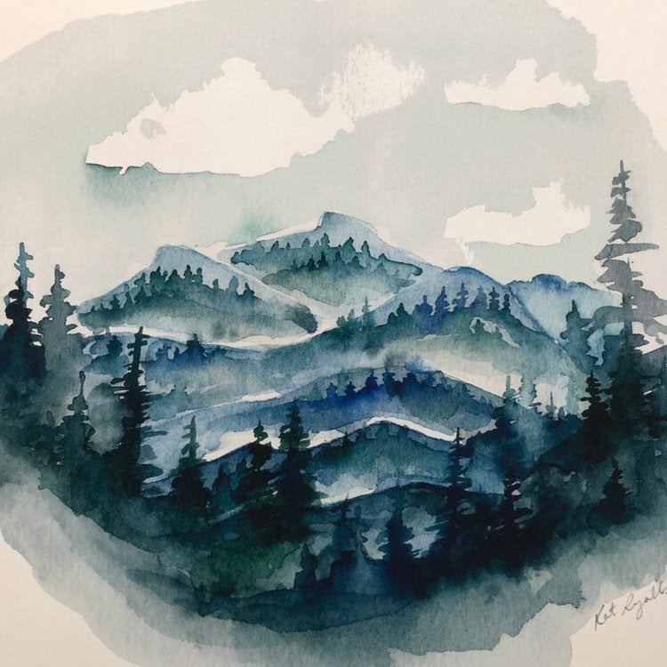 Linville Gorge Table Rock Blue Ridge Mountains watercolor fine art print by kat ryalls North Carolina Mountains