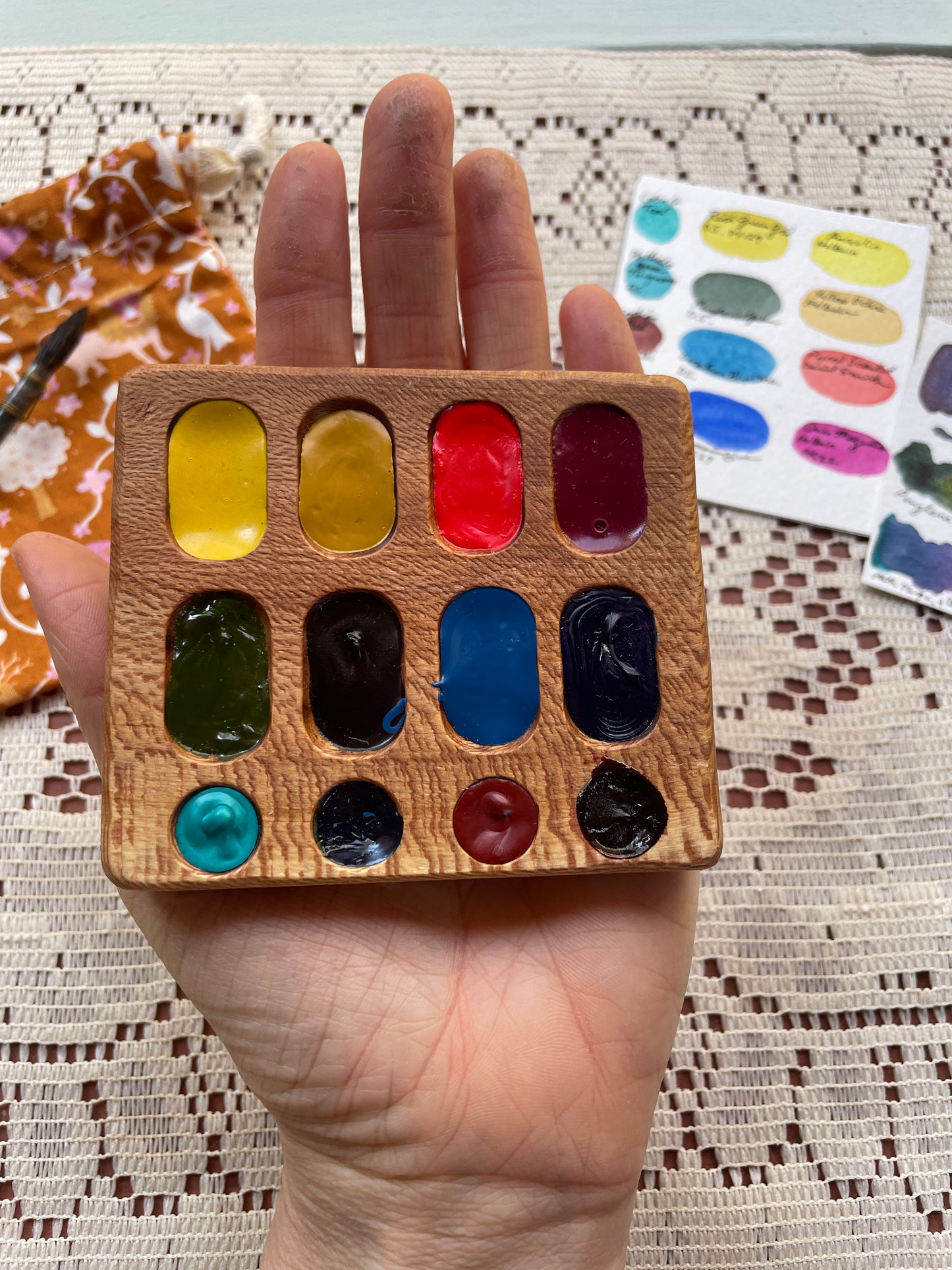 12 Well Watercolor Palette, sycamore with paint