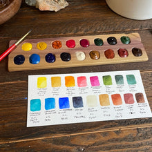 Load image into Gallery viewer, 17 Well Watercolor Palette with paint, rainbow poplar wood