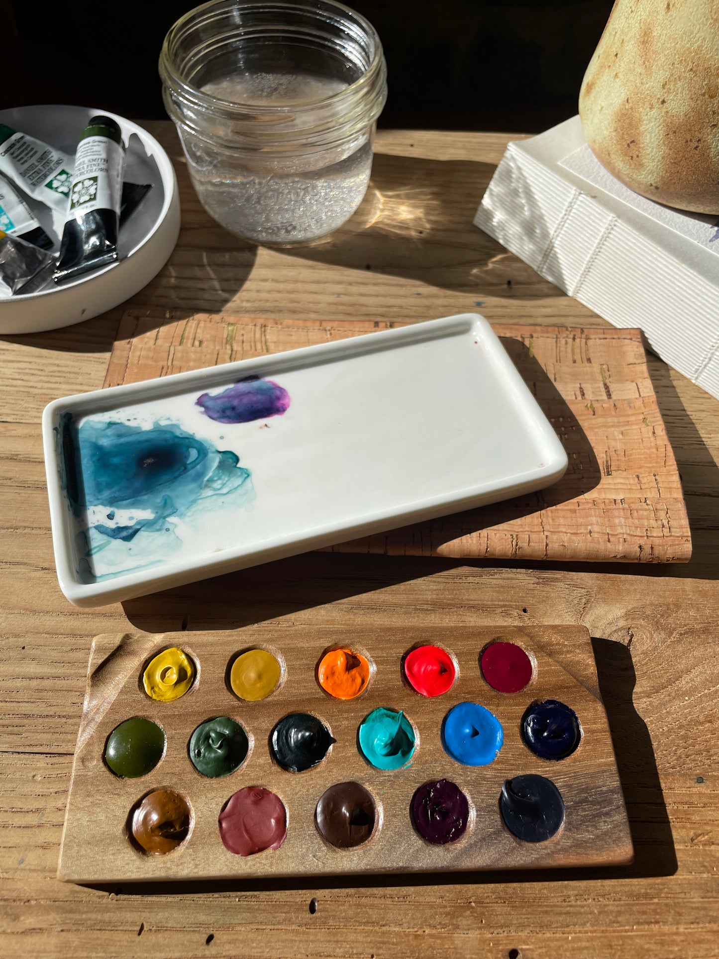 16 Well Watercolor Palette, walnut with paint and ceramic palette