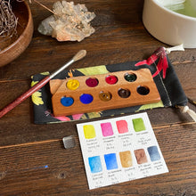 Load image into Gallery viewer, 9 Well Watercolor Palette with paint, small travel cherry wood