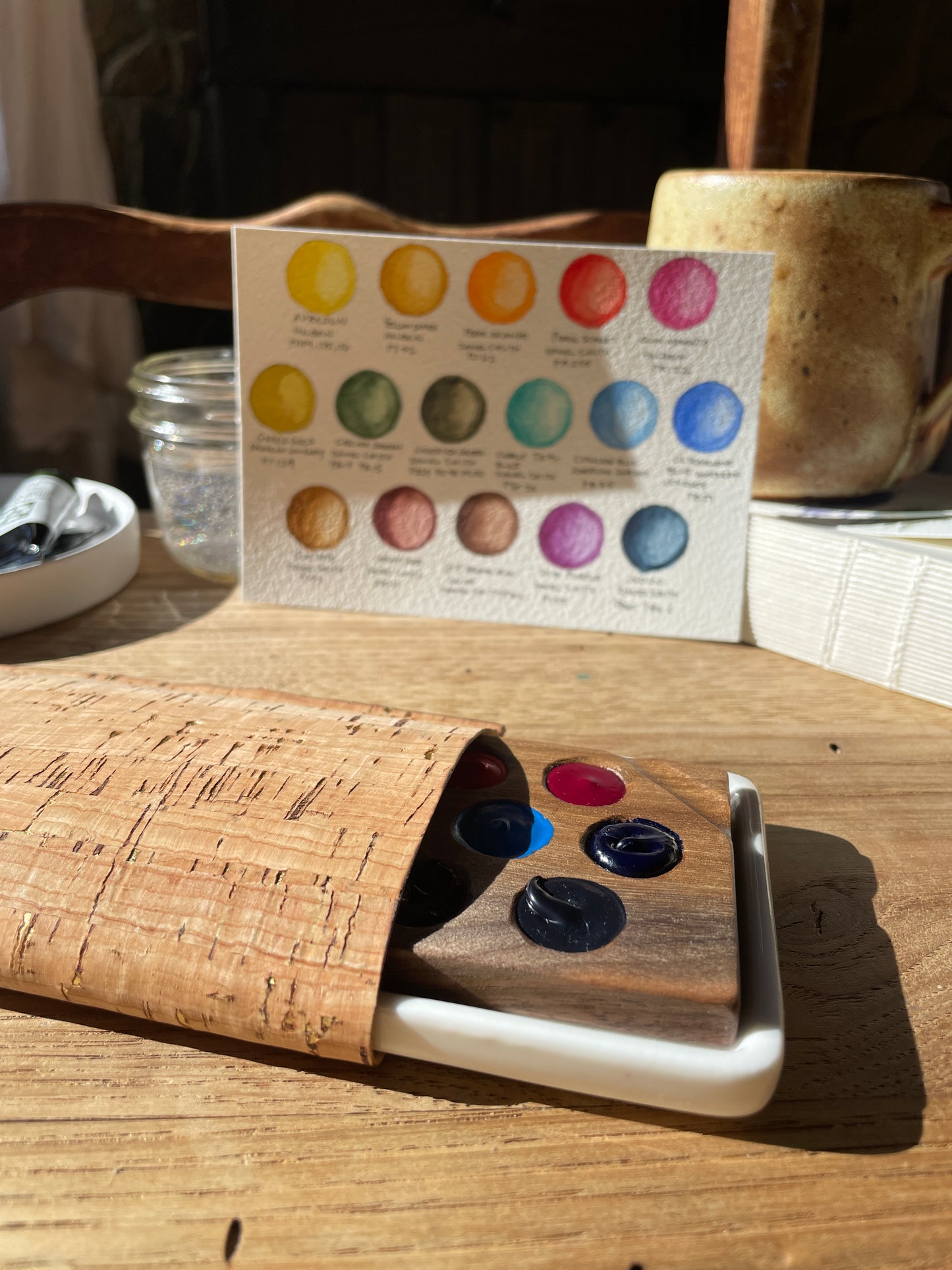 16 Well Watercolor Palette, walnut with paint and ceramic palette