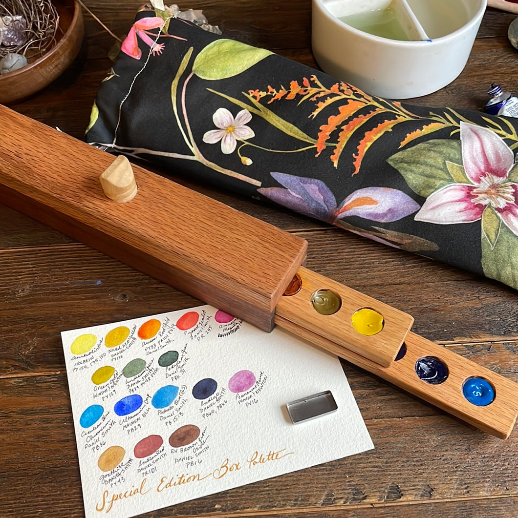 16 Well Watercolor Box Palette with paint, Special Edition collectors palette, oak and walnut
