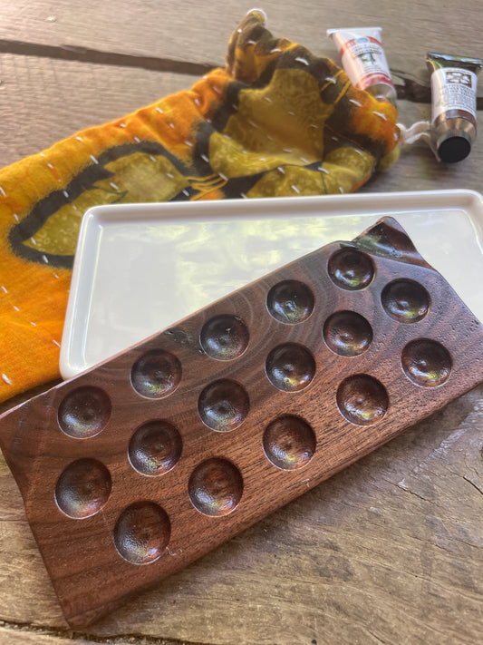 16 Well Watercolor Palette, walnut and ceramic palette