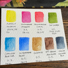 Load image into Gallery viewer, 9 Well Watercolor Palette with paint, small travel cherry wood