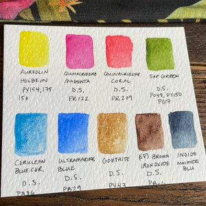 9 Well Watercolor Palette with paint, small travel cherry wood