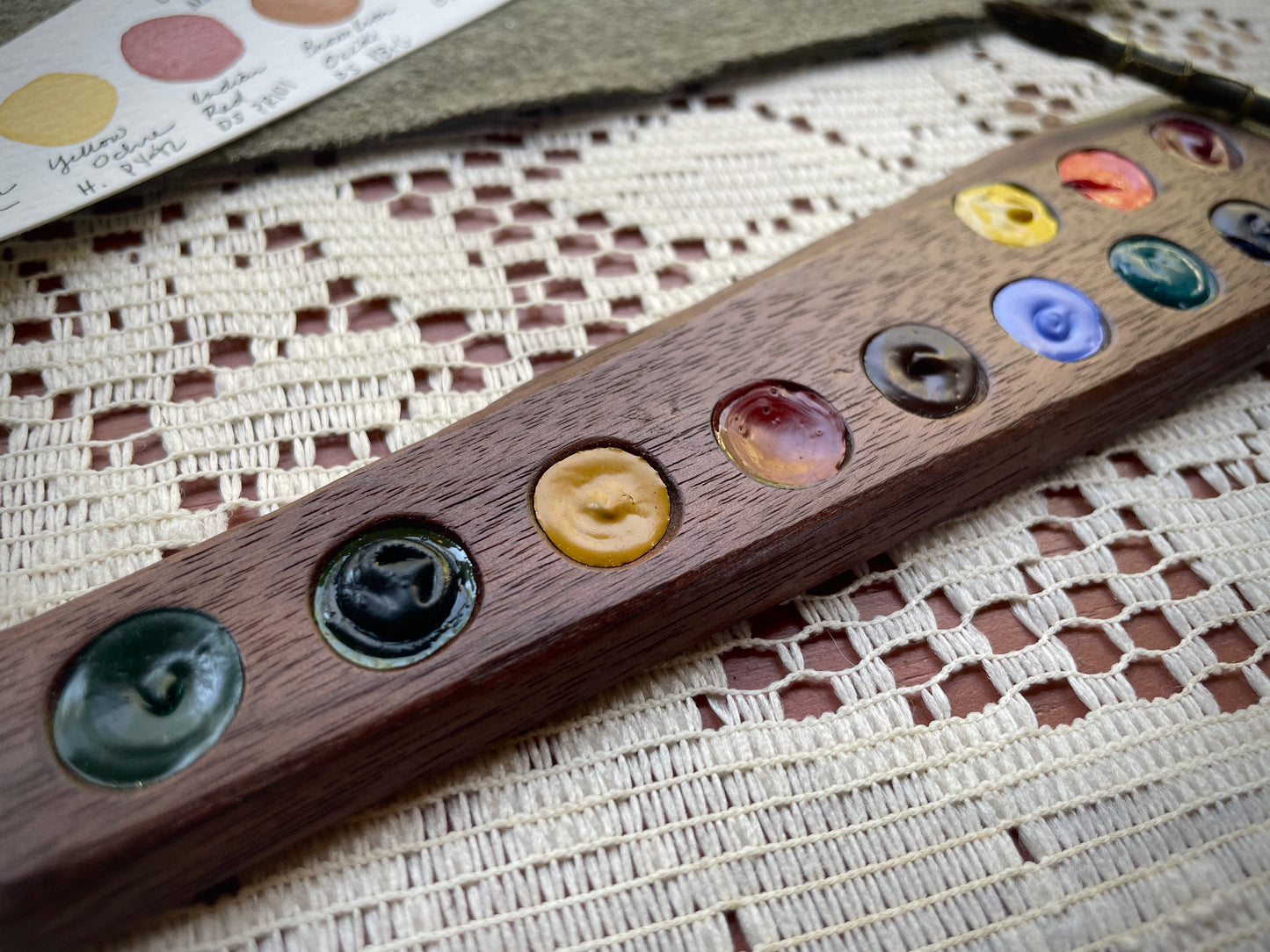 12 Well Watercolor Palette, walnut WITH PAINT