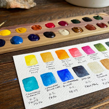 Load image into Gallery viewer, 17 Well Watercolor Palette with paint, rainbow poplar wood