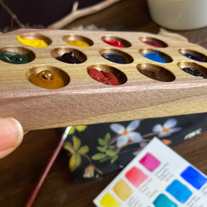 13 Well Watercolor Palette with paint, rainbow poplar wood