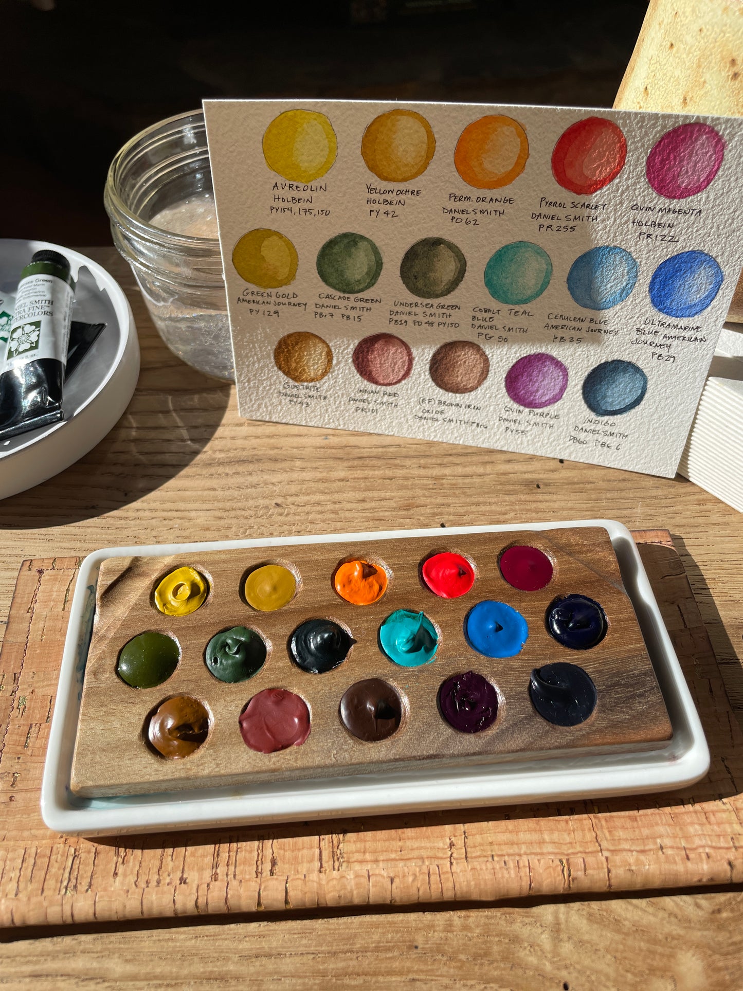 16 Well Watercolor Palette, walnut with paint and ceramic palette