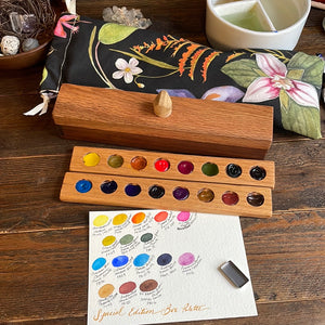 16 Well Watercolor Box Palette with paint, Special Edition collectors palette, oak and walnut