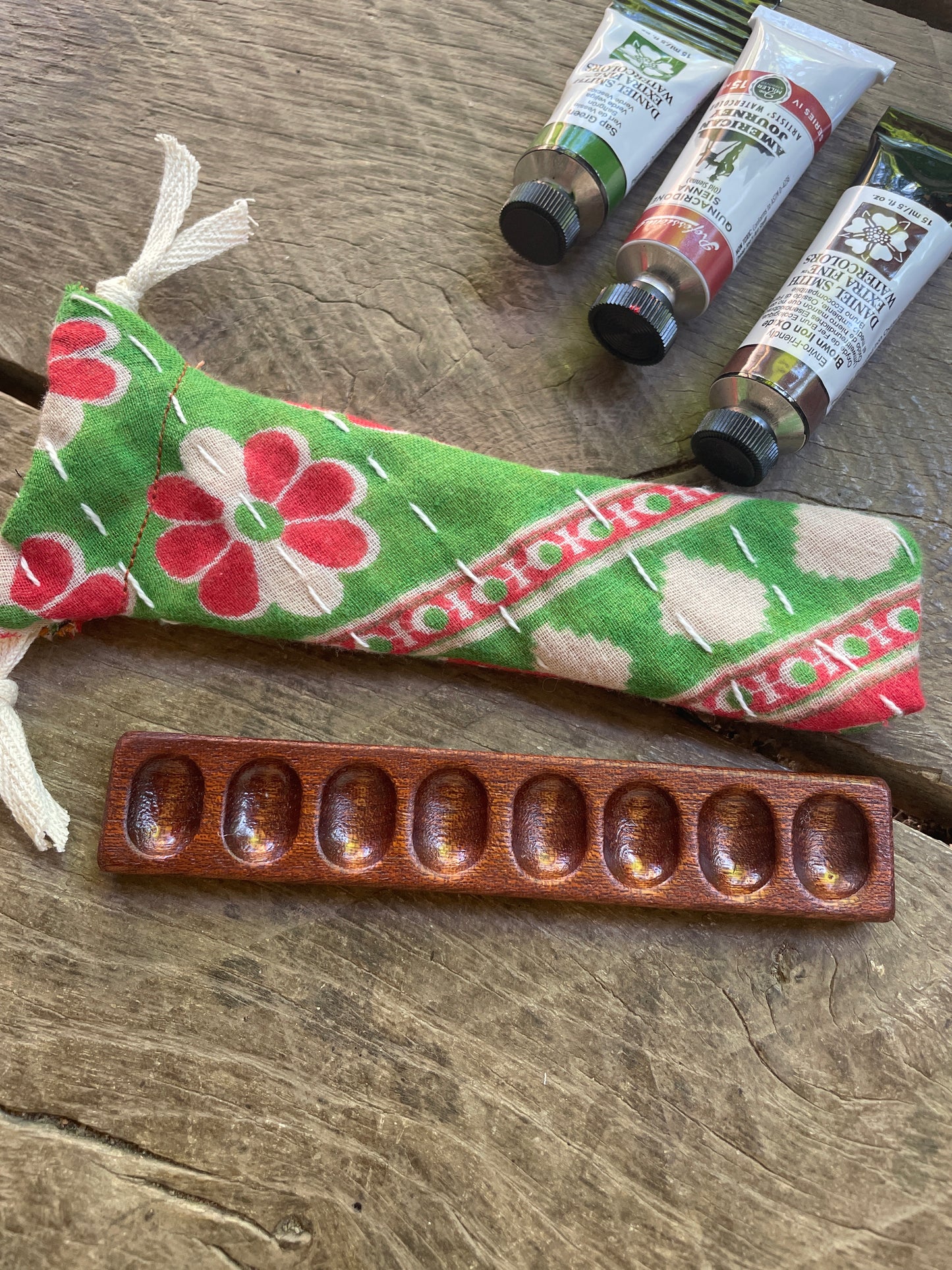8 Well Watercolor Palette, Sapele  red and green bag