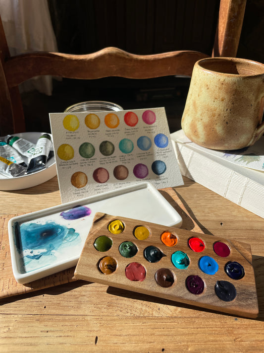 16 Well Watercolor Palette, walnut with paint and ceramic palette