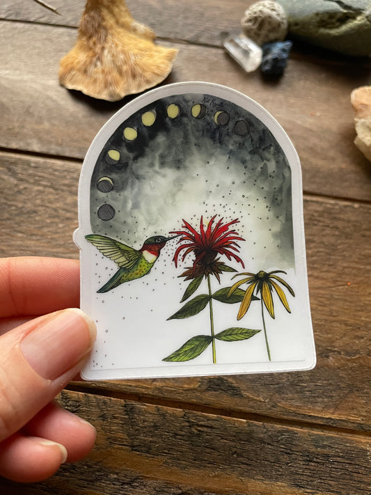 Hummingbird and Bee Balm 3" Vinyl Sticker Phases and Forests