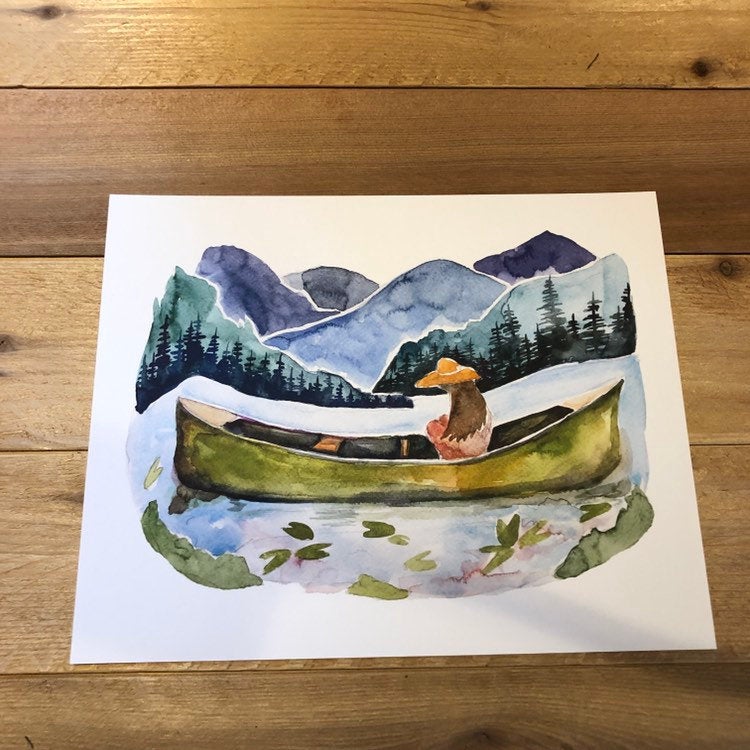 Girl in Canoe Blue Ridge Mountains North Carolina  watercolor painting National Park Print kat ryalls