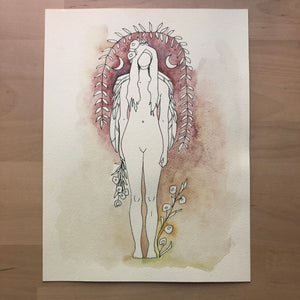 An original illustration and watercolor measuring 9x12" on 100% cotton watercolor paper.